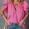 Elegant Sachet Pink Ruffled Sleeve Blouse with Shirred Yoke and Lace-Up V Neck - Image 3