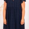 Navy Blue Plus Size Ruffled Dress with Polka Dot Texture and Notched Neck - Image 3