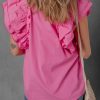 Elegant Sachet Pink Ruffled Sleeve Blouse with Shirred Yoke and Lace-Up V Neck - Image 2