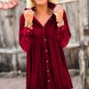 Women's Fiery Red Long Sleeve Ruffle Velvet Button Up Mini Dress - Image 2
