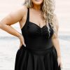 Women's Black Plus Size Solid Pleated Ruffled One Piece Swim Dress for Beach Days - Image 13