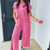 Bright Pink Solid Corded Knit Short Sleeve T-Shirt and Wide Leg Pants Set for Women - Image 5