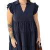 Elegant Navy Blue Plus Size Dress with Collared V Neck and Flutter Sleeves - Image 23