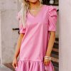 Pink Pleather Ruffled Hem Mini Dress with Bubble Sleeve and V Neck - Image 6