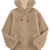 Women's Pale Khaki Fleece Zip Up Hooded Jacket with Drawstring and Pockets - Image 22