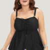 Plus Size Women's Black Drawstring Tied Front Flared Tankini Set with Geometric Print Bottom - Image 3