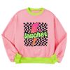 Women's Pink Teacher Lightning Checkered Print Color Block Sweatshirt - Image 7