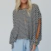 Women's Black Stripe Batwing Sleeve Oversized Crewneck Top - Trendy Casual Wear - Image 2