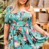 Plus Size Green Floral Smocked Bodice Babydoll Blouse with Puff Short Sleeves - Image 3