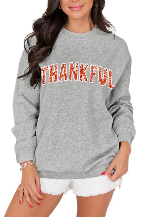 Women's Gray THANKSFUL Graphic Sweatshirt - Cozy Letter Printed Top for Thanksgiving
