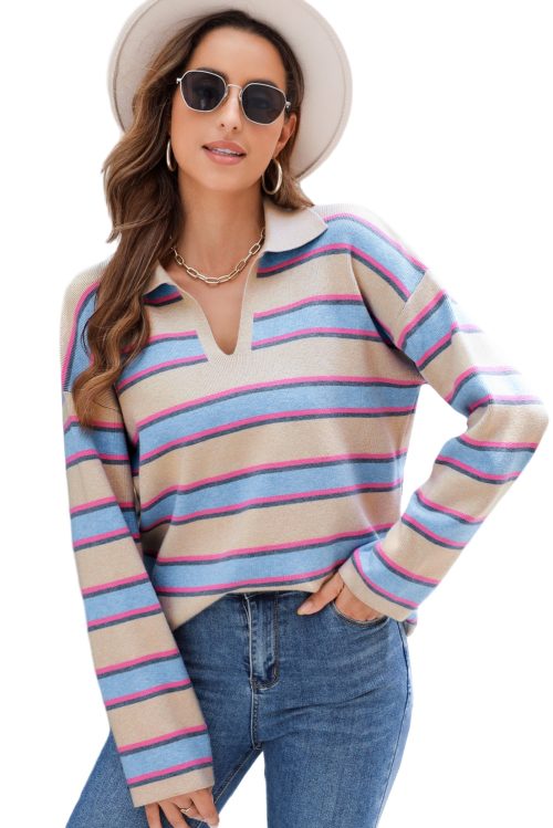 Women's Apricot Stripe Collared V Neck Drop Shoulder Loose Sweater - Cozy & Chic