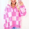 Women's Pink Checkerboard Half Button Collared Drop Shoulder Sweater - Image 3