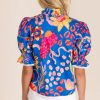 Women's Blue Abstract Print Frilled Collar Ruffled Puff Short Sleeve Top - Image 2