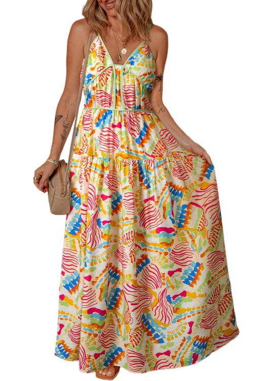 Women's Orange Abstract Print Spaghetti Strap Maxi Dress with Piping Detail