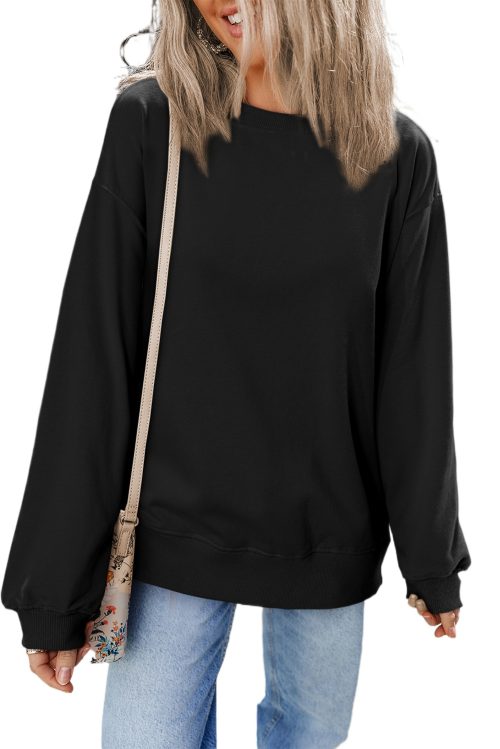 Women's Black Plain Drop Shoulder Crewneck Pullover Sweatshirt