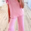 Chic Pink Textured Pearled Ruffled Sleeve Wide Leg Pants Set for Women - Image 2