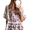 Women's White Boho Floral Print Ruffle Trim Blouse - Short Sleeve Round Neck - Image 13