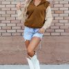 Women's Stylish Chestnut Color Block Half Zip Hoodie - Image 7