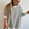 Women's Black Stripe Raglan Sleeve Loose Fit Sweatshirt with Side Slits - Image 3