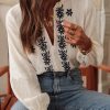 Elegant Women's White Floral Embroidered Frilled V Neck Puff Sleeve Blouse - Image 7