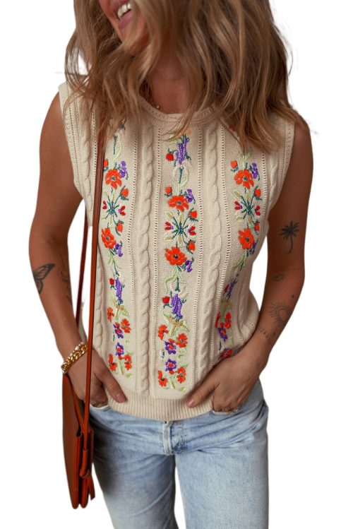 Women's Jet Stream Embroidered Floral Cable Knit Sweater Vest for Elegant Layering