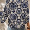 Women's Blue Vintage Floral Quarter Sleeve V Neck Blouse - Image 3