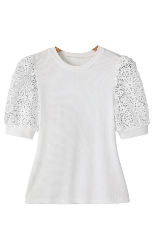 Women's Elegant White Lace Floral Patchwork Ribbed Knit Half Sleeve T-Shirt