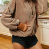 Women's Chestnut Corduroy Half Zipper Hoodie with Kangaroo Pocket - Image 3