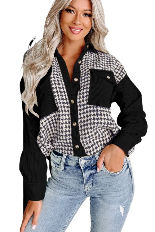 Women's Black Houndstooth Corduroy Patchwork Flap Pocket Shacket