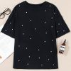 Women's Black Pearl Beaded Drop Shoulder Crewneck T-Shirt - Trendy Casual Tee - Image 12