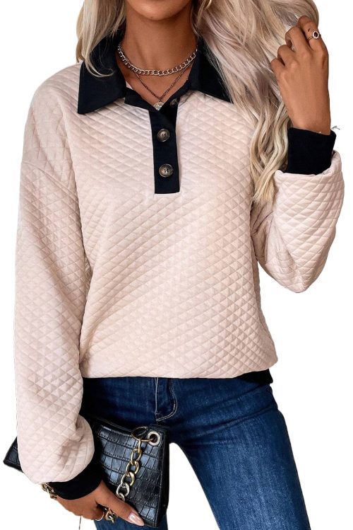 Women's Oatmeal Textured Colorblock Edge Buttoned Collar Sweatshirt