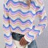 Women's Purple Stripe Wavy Pointelle Knit Drop Shoulder Sweater - Image 5