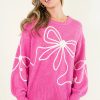 Women's Bright Pink Corded Flower Bow Casual Sweater with Puffed Sleeves - Image 5