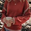 Women's Red Dahlia Color Contrast Trim Drop Shoulder Crew Neck Sweater - Image 5