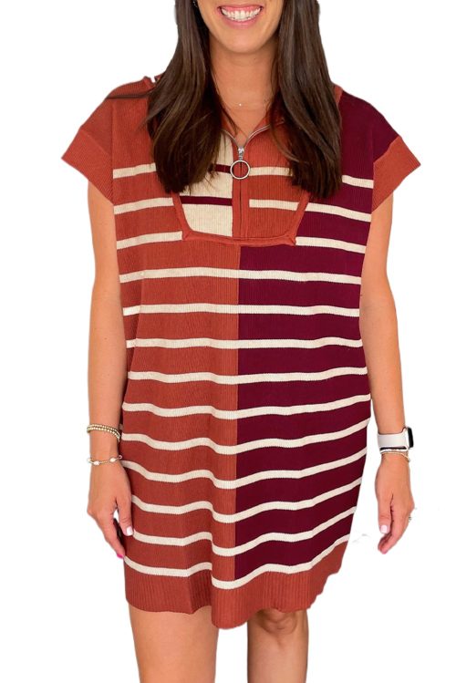 Women's Brown Stripe Color Block Quarter Zip Collar Short Sleeve Sweater Dress