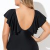 Plus Size Women's Black Ruffled Sleeve Lace-Up V Neck One Piece Swimsuit - Image 2