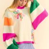 Women's Beige Colorblock Flower Print Cable Knit Loose Sweater - Image 4