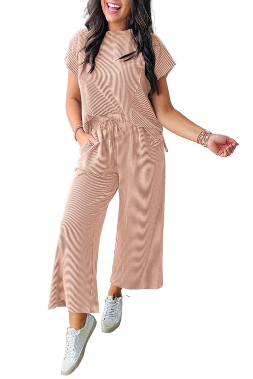 Women's Smoke Gray Solid Corded Knit Short Sleeve T-Shirt and Wide Leg Pants Set