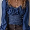 Women's Dark Blue Smocked Ruffled Puff Sleeve Denim V Neck Blouse - Image 7