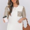 Women's Elegant White Leopard Patchwork Puff Sleeve T-Shirt with Crochet Lace Trim - Image 4