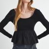 Women's Elegant Black Ribbed Knit Long Sleeve Scoop Neck Peplum Top - Image 3