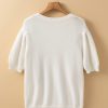 Women's White Multicolor Stitch Detail Short Sleeve Cable Knit Sweater - Image 9