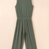 Women's Vineyard Green Buttoned Drawstring Waist Sleeveless Wide Leg Jumpsuit - Image 14