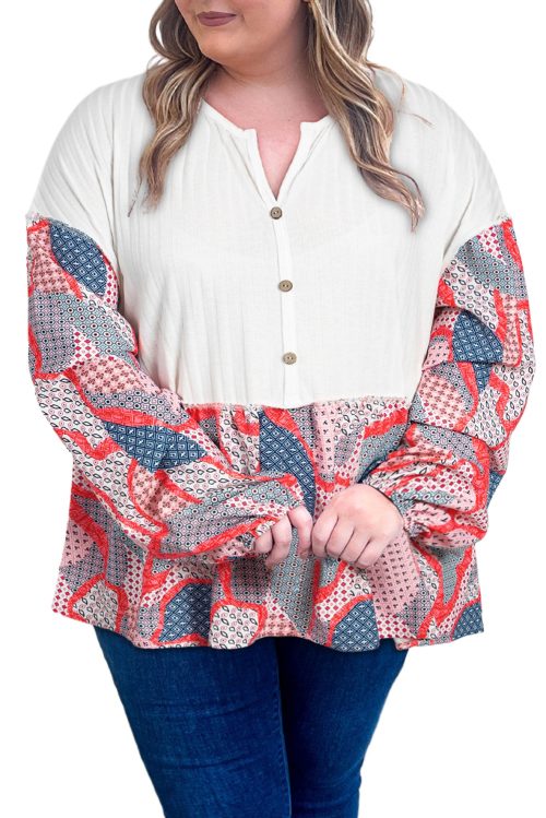 Women's Plus Size Apricot Printed Patchwork Textured Buttoned Blouse