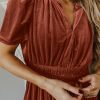 Women's Chestnut Velvet Short Sleeve Tiered Maxi Dress with V Neck - Image 4