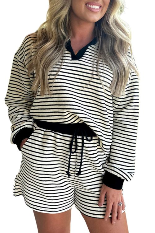 Women's Black Stripe Collared Long Sleeve Top & Drawstring Shorts Set