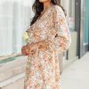 Women's Yellow Boho Floral V Neck Ruffled Empire Waist Long Sleeve Mini Dress - Image 3