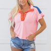 Women's Gossamer Pink Color Block Half Buttoned Ruffled Short Sleeve T-Shirt - Image 7