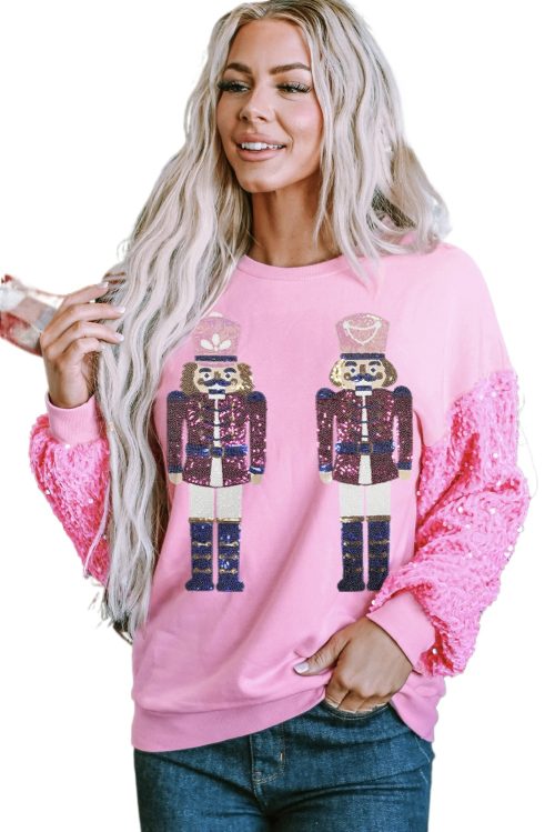 Women's Pink Nutcracker Graphic Sequin Patchwork Long Sleeve Top - Festive Holiday Fashion