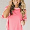 Women's Peach Blossom Half Sleeve Top with Raw Seam and High Low Side Split - Image 13